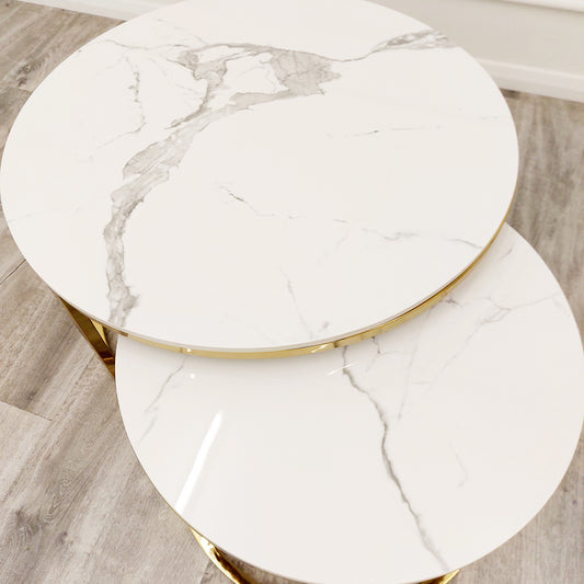 Cato Nest of 2 Round Coffee Gold and Silver Table with Polar White Sintered Stone Top