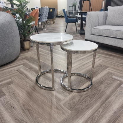 Cato Nest of 2 Tall Gold and Silver  End Tables with Polar White Sintered Stone Tops