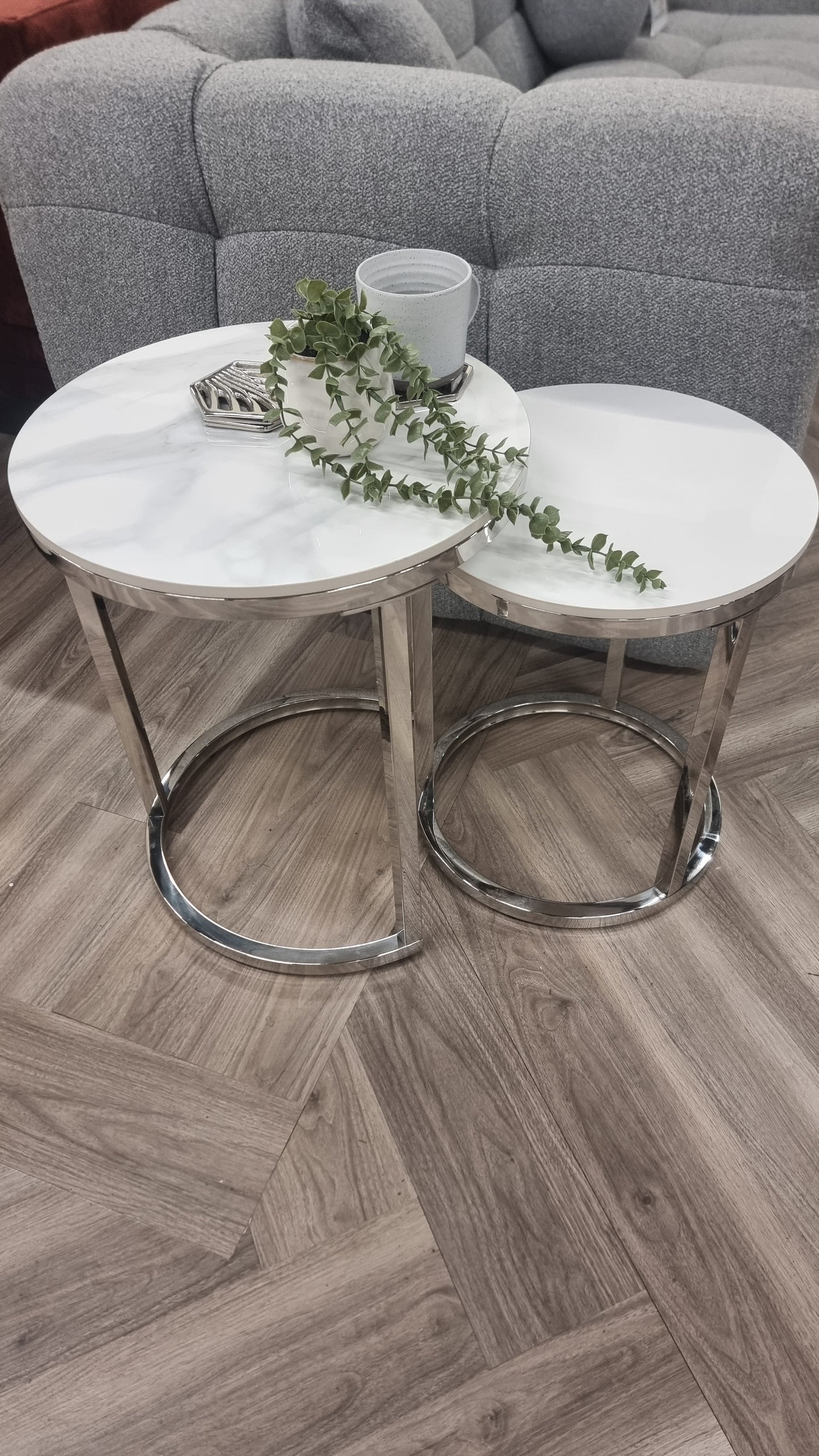 Cato Nest of 2 Tall Gold and Silver  End Tables with Polar White Sintered Stone Tops