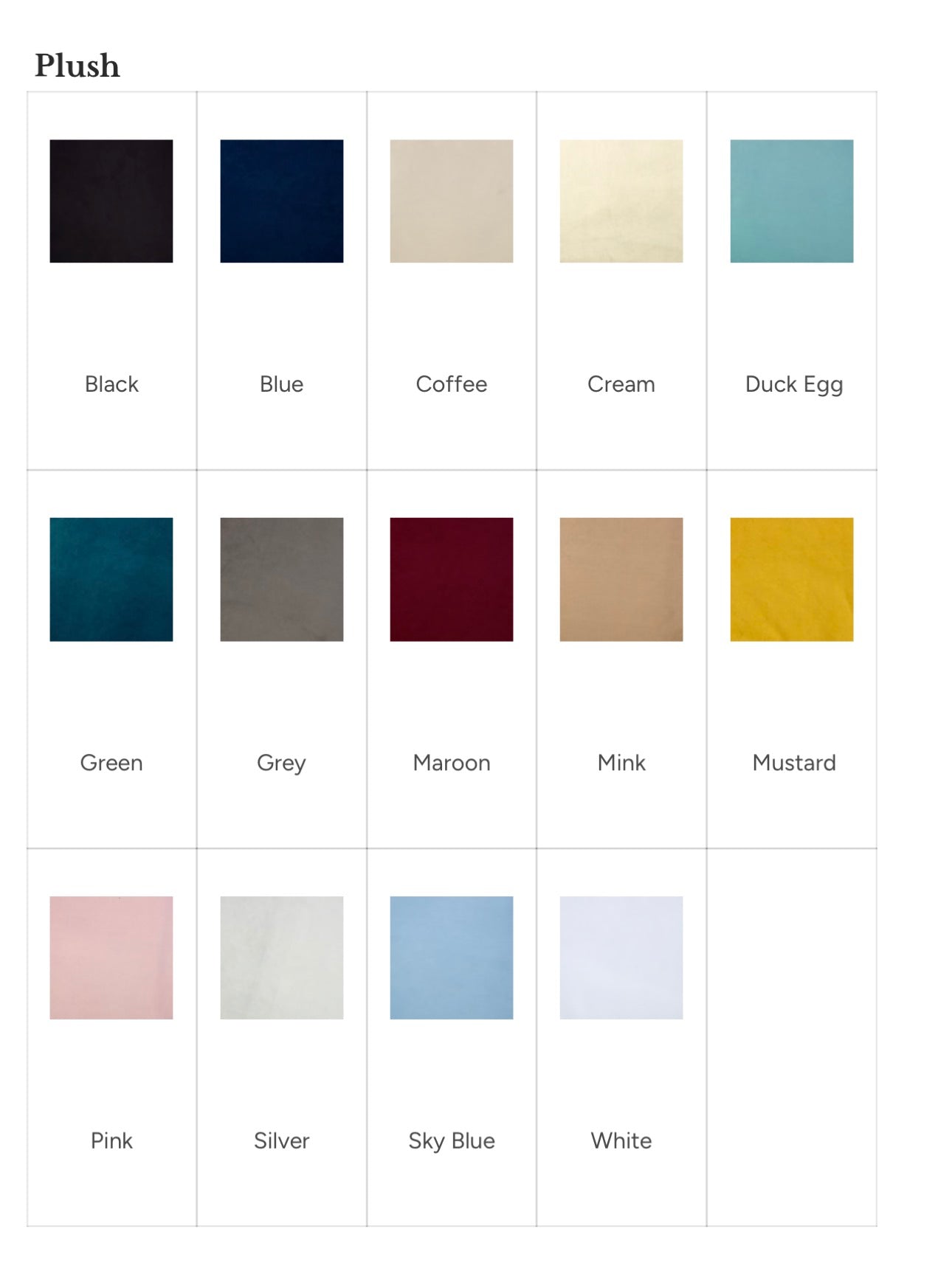 Color swatches for plush materials including black, blue, coffee, cream, duck egg, green, grey, maroon, mink, mustard, pink, silver, sky blue, and white.