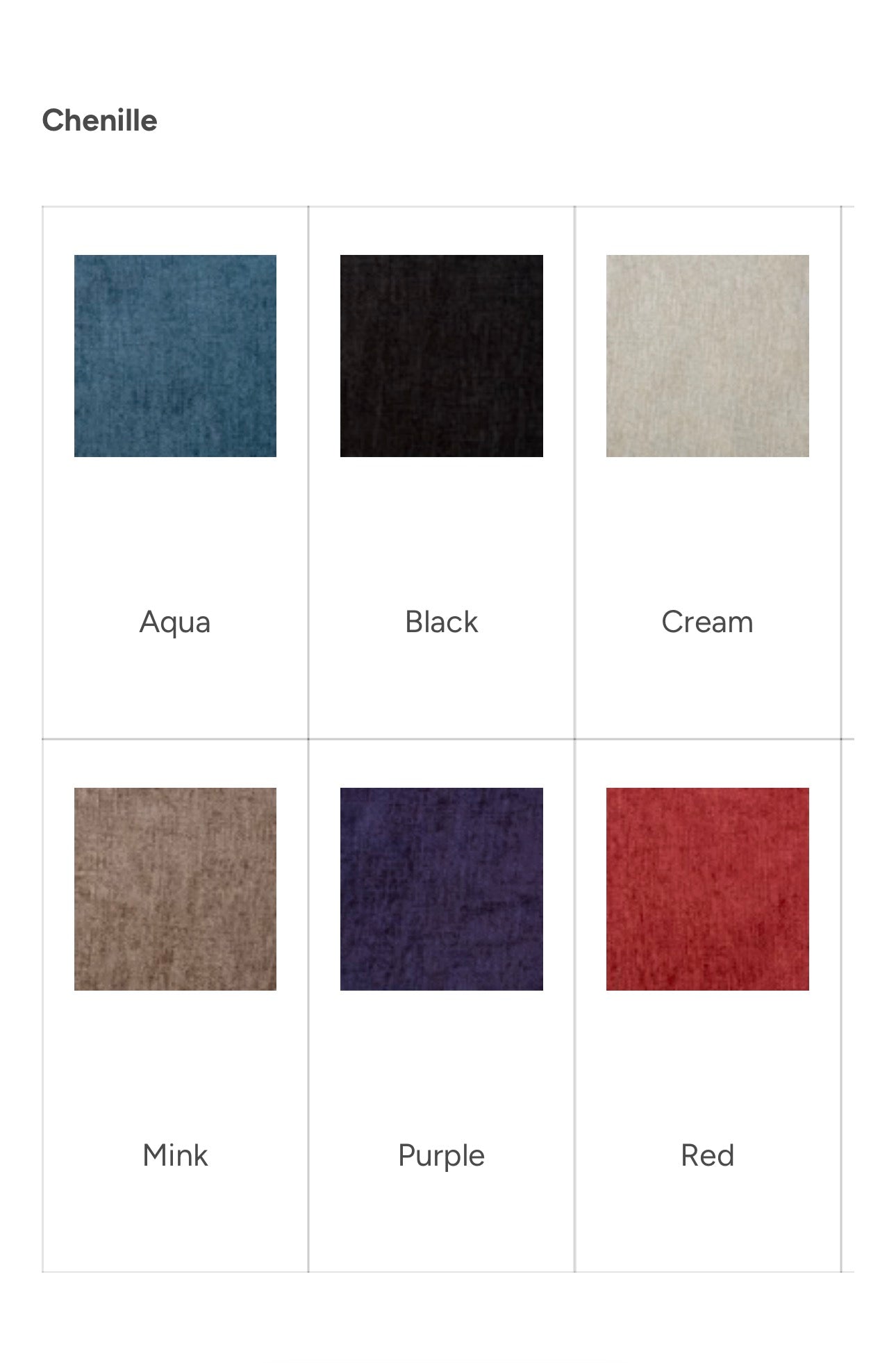 Color swatches of Chenille fabric in Aqua, Black, Cream, Mink, Purple, and Red