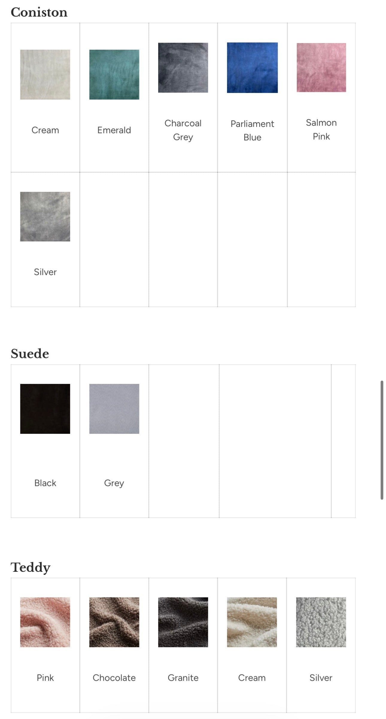 Color swatches for different fabric types including Consiston, Suede, and Teddy.