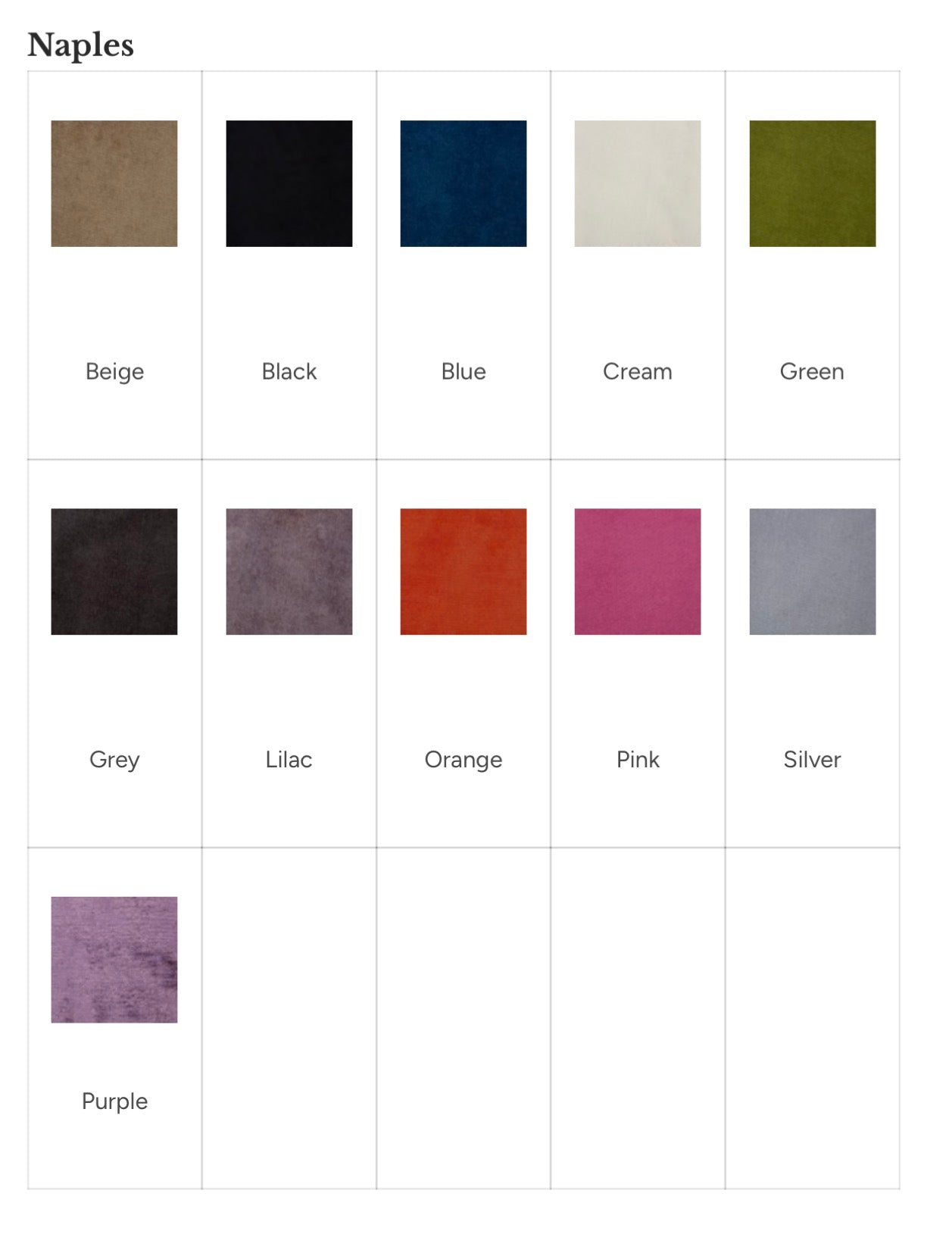 Color swatch grid with various color options labeled 'Naples'.