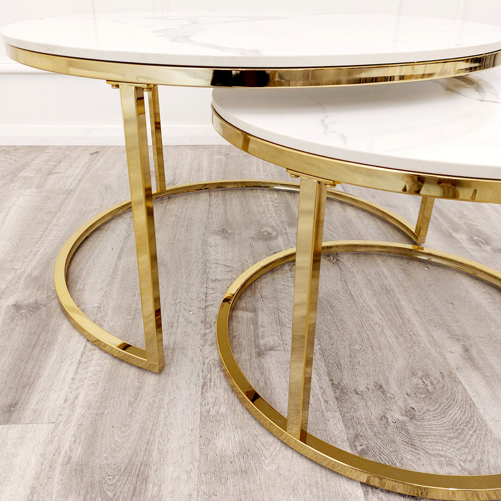 Cato Nest of 2 Round Coffee Gold and Silver Table with Polar White Sintered Stone Top