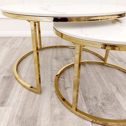 Cato Nest of 2 Round Coffee Gold and Silver Table with Polar White Sintered Stone Top