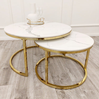 Cato Nest of 2 Round Coffee Gold and Silver Table with Polar White Sintered Stone Top
