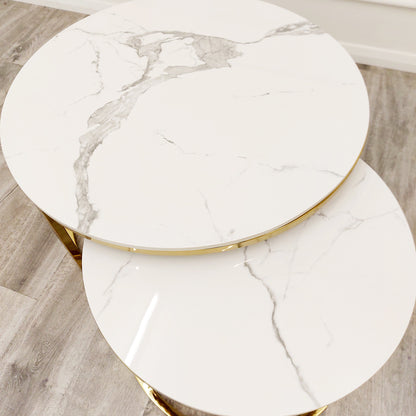 Cato Nest of 2 Round Coffee Gold and Silver Table with Polar White Sintered Stone Top