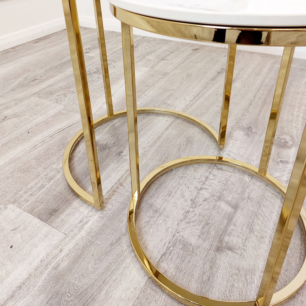 Cato Nest of 2 Round Coffee Gold and Silver Table with Polar White Sintered Stone Top