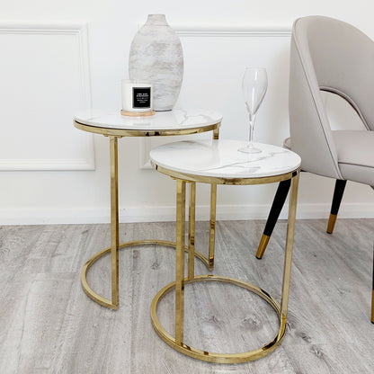 Cato Nest of 2 Round Coffee Gold and Silver Table with Polar White Sintered Stone Top