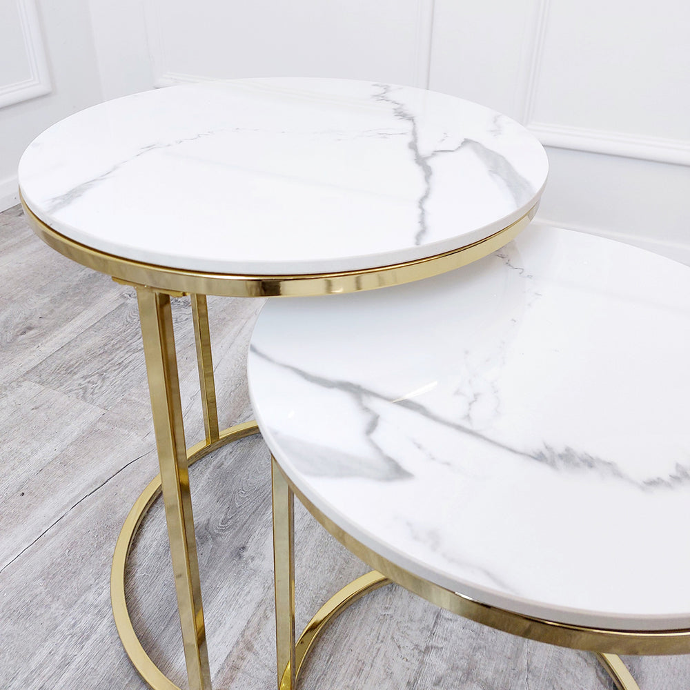 Cato Nest of 2 Tall Gold and Silver  End Tables with Polar White Sintered Stone Tops