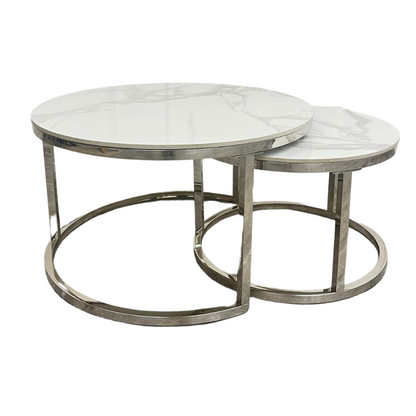 Cato Nest of 2 Round Coffee Gold and Silver Table with Polar White Sintered Stone Top