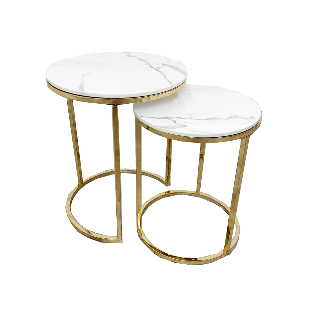 Cato Nest of 2 Tall Gold and Silver  End Tables with Polar White Sintered Stone Tops
