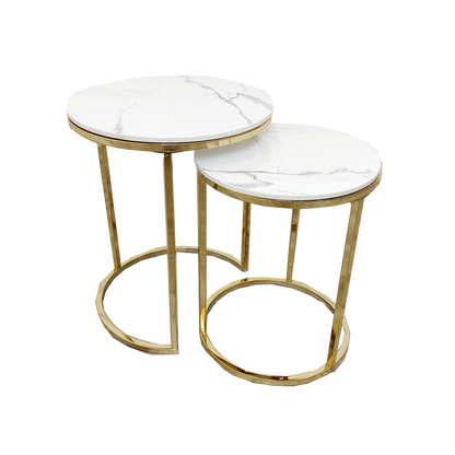 Cato Nest of 2 Tall Gold and Silver  End Tables with Polar White Sintered Stone Tops