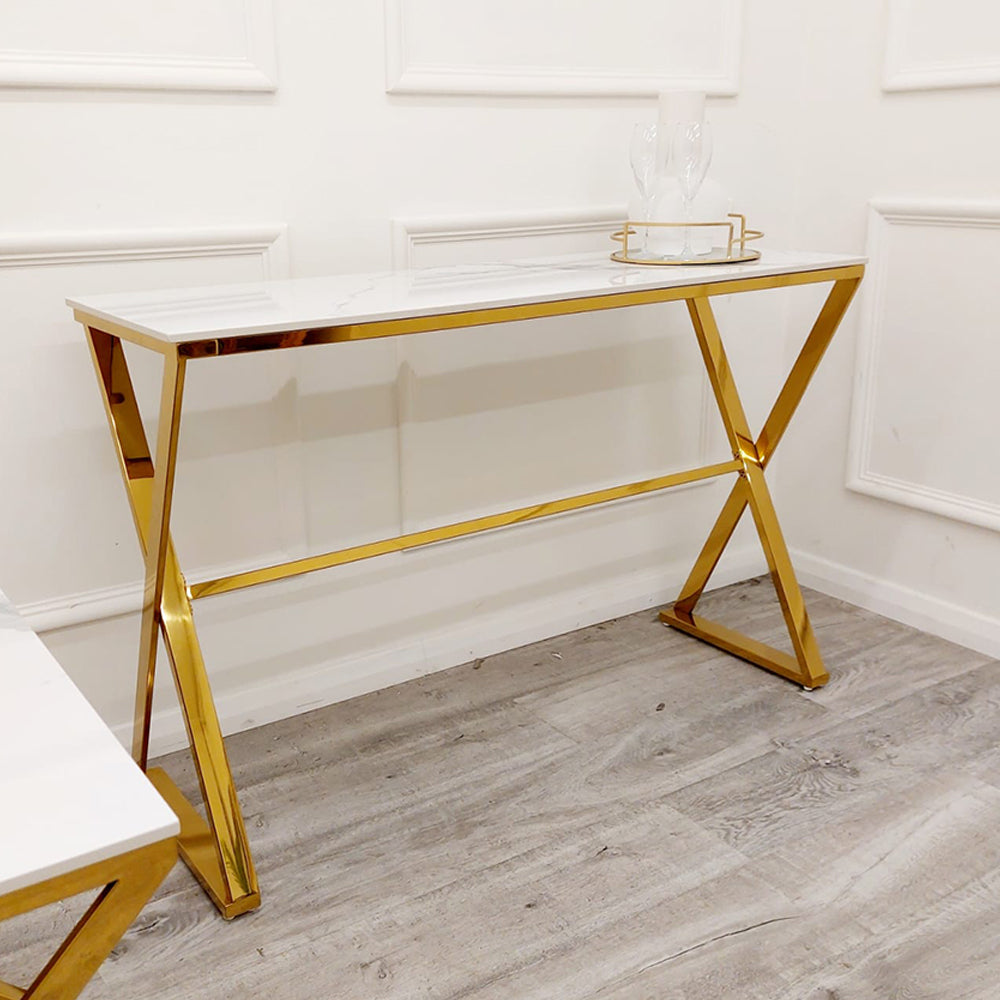 Zion Gold Console Table With Polar White Sintered Top